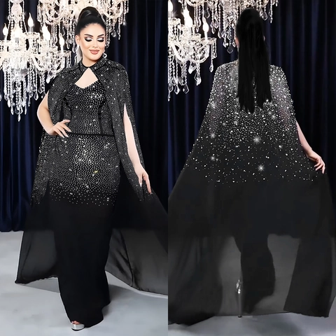 Damen Elegant Strass Figurbetontes Maxi Kleid Und Netz Umhang Set Luxuriöses Abendparty Bankett Gown Sexy Slim Fit Langes Kleid
