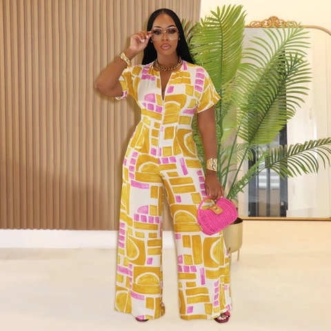 Damen Sommer Casual Jumpsuit Mit Geometrischem Druck Kurzarm V-Ausschnitt Reißverschluss Weites Bein Lange Hose Mode Urlaubsstil
