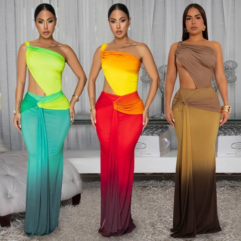 Women Sexy One Shoulder Cut Out Maxi Dress Gradient Pleated Bodycon Evening Party Long Dress Summer Fashion Beachwear