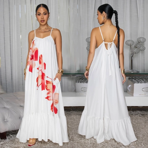 Eleganter Damen Spaghetti Träger Blumen Druck Rückenfreies Maxi Kleid Rüschen Saum Weißes Sommer Urlaub Party Langes Kleid