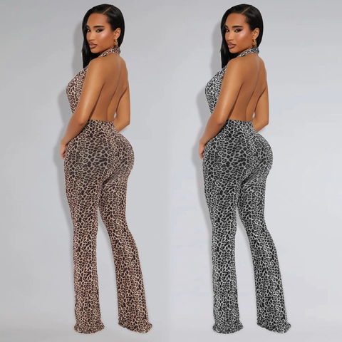 Leopardenmuster Halter Tief V Jumpsuit Für Damen Sexy Rückenfrei Weites Bein Mesh Einteiler Romper Nachtclub Party Clubwear