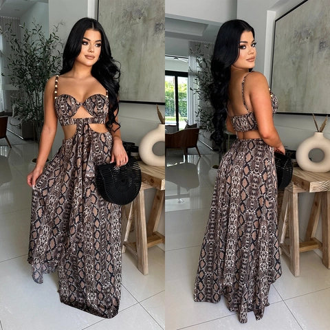 Top E Gonna Da Donna Sexy Con Stampa Serpente Outfit Per Vacanze Estive Spalline Con Perle In Legno Gonna Maxi A Vita Alta Svuotata Con Lacci Due Pezzi