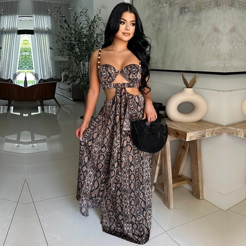Top E Gonna Da Donna Sexy Con Stampa Serpente Outfit Per Vacanze Estive Spalline Con Perle In Legno Gonna Maxi A Vita Alta Svuotata Con Lacci Due Pezzi