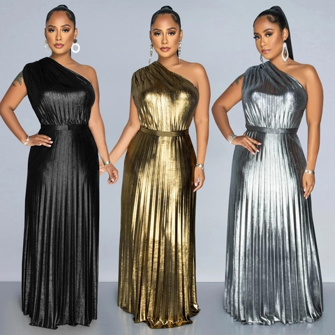 Donna Elegante Vestito Maxi Monospalla Plissettato Lucentezza Metallica Bronzatura Senza Maniche Festa Serale Banchetto Abito Lungo Linea A
