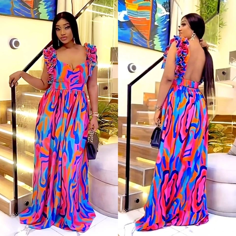 Elegant Abstract Print Maxi Dress Women Ruffle Shoulder Strap Deep V Neck Backless Sexy A-Line Summer Party Long Dress