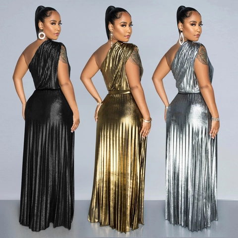 Donna Elegante Vestito Maxi Monospalla Plissettato Lucentezza Metallica Bronzatura Senza Maniche Festa Serale Banchetto Abito Lungo Linea A