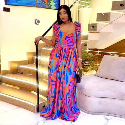 Elegant Abstract Print Maxi Dress Women Ruffle Shoulder Strap Deep V Neck Backless Sexy A-Line Summer Party Long Dress