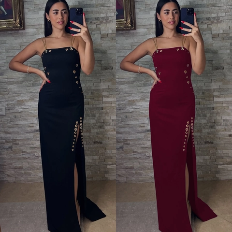 Elegant Gold Chain Strap Side Slit Maxi Dress Women Metal Eyelet Detail Slim Fit Bodycon Evening Party Night Club Long Dress