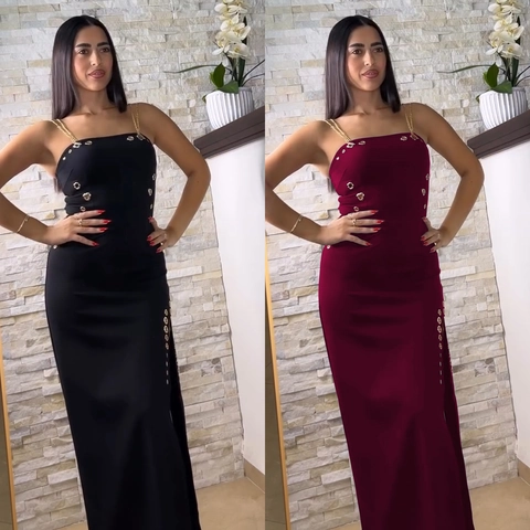 Elegant Gold Chain Strap Side Slit Maxi Dress Women Metal Eyelet Detail Slim Fit Bodycon Evening Party Night Club Long Dress