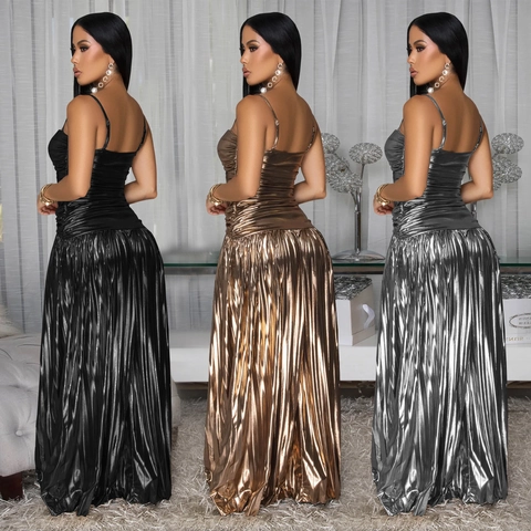 Vestito Lungo Maxi Plissettato Metallizzato Donna Sexy Spalline Sottili Svuotare Lucido Ballo Banchetto Festa Vestito da Sera