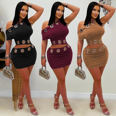 Dames Sexy Imitatiesuède Eén Schouder Oogje Crop Top En Bodycon Minirok Streetwear Club Party Outfit