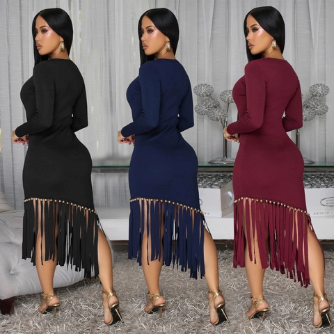 Elegant Bodycon Knitted Midi Dress Long Sleeve Round Neck Asymmetrical Fringe Hem Gold Beads Party Night Sexy Club Dress