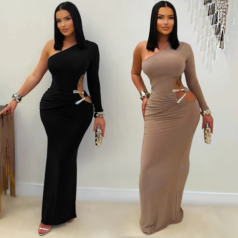 Women One Shoulder Cutout Maxi Dress Elegant Sexy Single Long Sleeve Bodycon Evening Party Dress Metal Buckle Solid Color Dress
