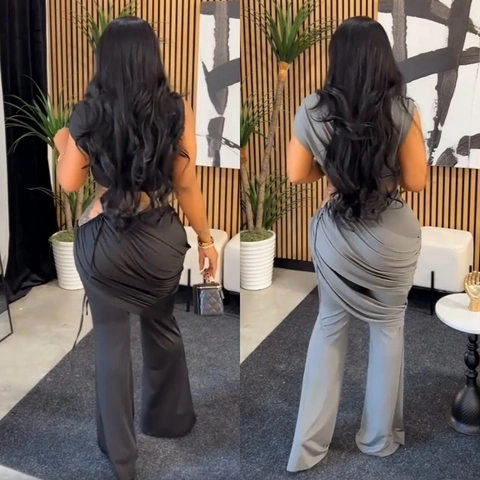 Damen Casual Outfits Ärmelloses Wasserfallausschnitt Crop Top Und Hohe Taille Asymmetrische Drape Schlaghose Zweiteiler Streetwear