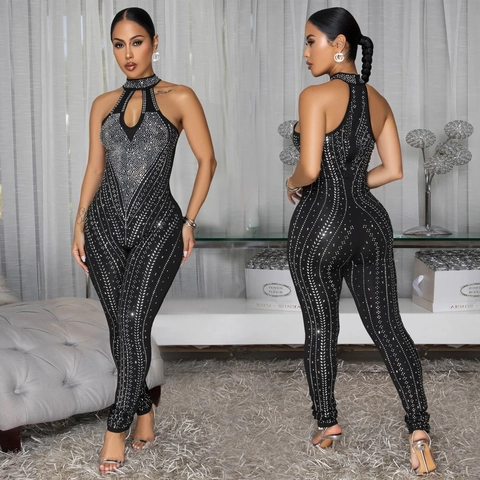 Damen Halter Neck Jumpsuit Elegant Strass Ausgehöhlt Slim Fit Ärmellos Sexy Bodycon Party Clubwear Lange Hosen Romper