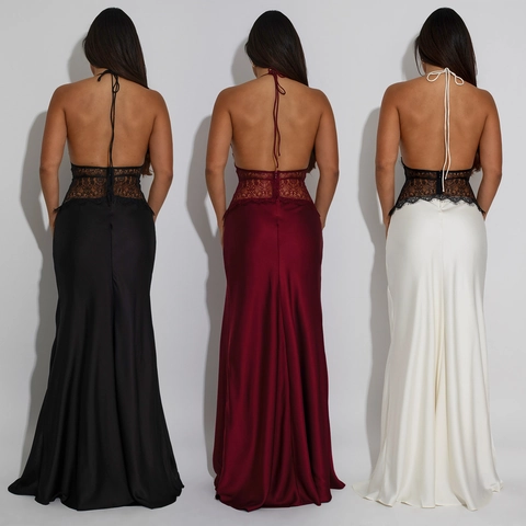 Γυναικείο Σέξι Halter Βαθύ V Patchwork Δαντέλας Σατέν Μάξι Φόρεμα Κομψό Εξώπλατο Βραδινό Φόρεμα Μέχρι το Έδαφος