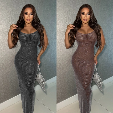 Sexy Mesh Rhinestone Backless Bodycon Maxi Dress Sleeveless Spaghetti Strap Elegant Evening Party Gown For Women