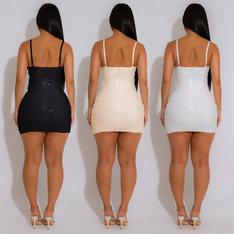Women Sexy Spaghetti Strap Mini Dress Elegant Artificial Pearl Sequin V Neck Cut Out Bodycon Party Night Club Evening Dress
