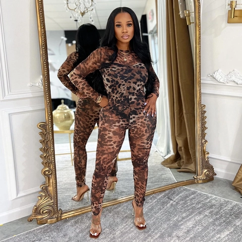 Sexy Leopardenmuster Durchsichtiges Mesh Jumpsuit Für Damen Langarm Bodycon Catsuit Clubwear Party Bedruckter Einteiler