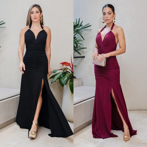 Sexy Halter V Neck Ruched High Slit Maxi Evening Dress Elegant Solid Color Backless Long Party Gown For Women