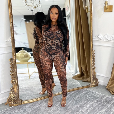 Sexy Leopardenmuster Durchsichtiges Mesh Jumpsuit Für Damen Langarm Bodycon Catsuit Clubwear Party Bedruckter Einteiler
