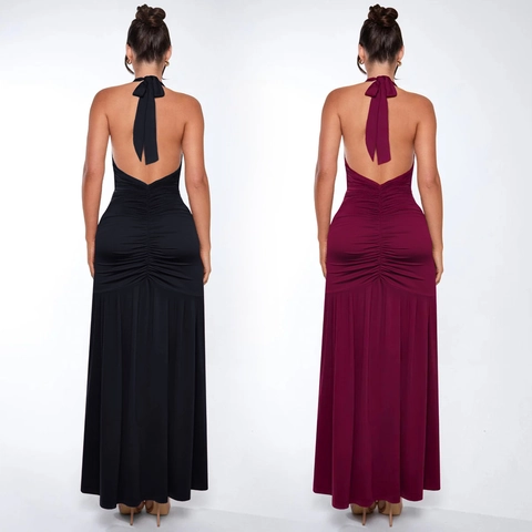 Sexy Halter V Neck Ruched High Slit Maxi Evening Dress Elegant Solid Color Backless Long Party Gown For Women
