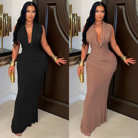 Elegant Women Sleeveless Deep V Neck Ruched Maxi Dress Sexy Bodycon Evening Party Formal Mermaid Gown Solid Color Polyester