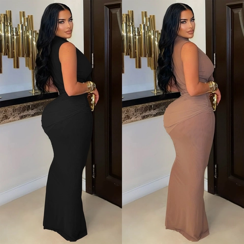 Elegant Women Sleeveless Deep V Neck Ruched Maxi Dress Sexy Bodycon Evening Party Formal Mermaid Gown Solid Color Polyester