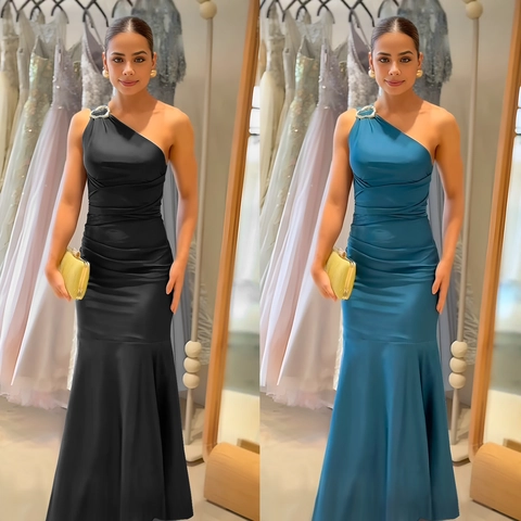 Women Elegant One Shoulder Ruched Satin Mermaid Evening Dress Solid Color Slim Fit Bodycon Maxi Party Wedding Guest Gown