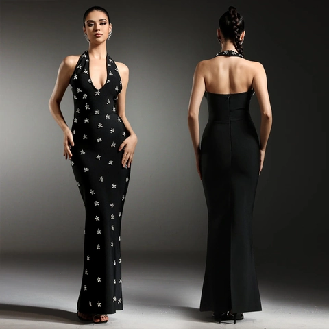 Elegant Women Black Halter Deep V Neck Maxi Dress Sexy Backless Rhinestone Floral Fish Tail Prom Evening Party Gown
