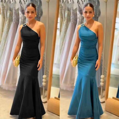 Women Elegant One Shoulder Ruched Satin Mermaid Evening Dress Solid Color Slim Fit Bodycon Maxi Party Wedding Guest Gown