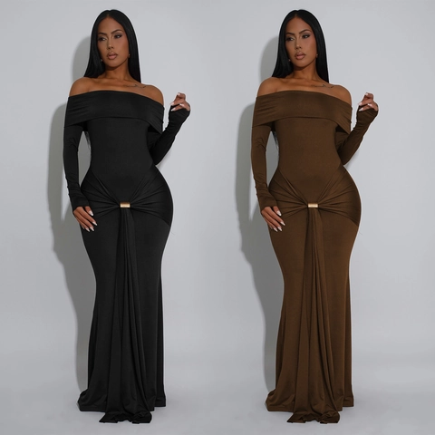 Women Sexy Off Shoulder Long Sleeve Maxi Dress Ruched Slim Fit Evening Party Gown With Gold Metal Buckle Bodycon Long Dress