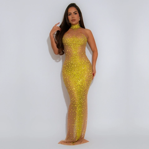 Vestito Lungo da Donna Sexy in Rete con Strass Collo Alto Halter Slim Fit Senza Maniche Trasparente Bodycon Festa Sera Gala