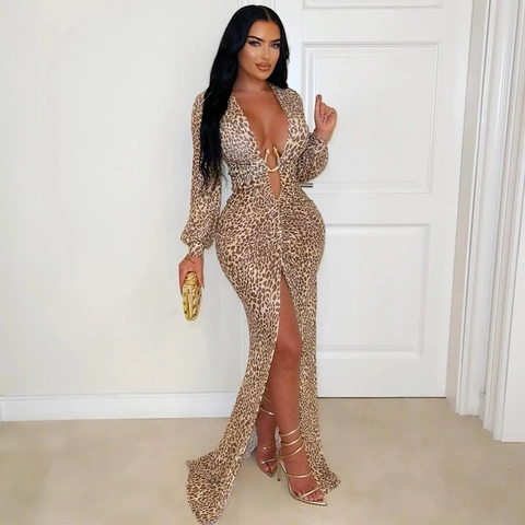 Women's Sexy Leopard Print Maxi Dress Deep V-neck Long Sleeve High Slit Ruched Bodycon Party Nightclub Evening Long Dress