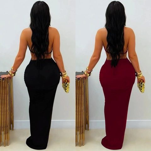 Sexy Damen Halterhals Rückenfrei Ausschnitt Maxi Kleid Mit Gold Metallring Schmale Passform Einfarbig Abendgesellschaft Clubwear Kleid