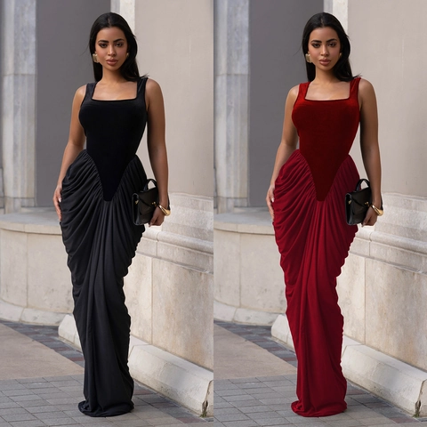 Vestido Largo Elegante de Patchwork de Terciopelo para Mujer Cuello en U Sin Mangas Fruncido Ajustado Vestido de Noche Fiesta