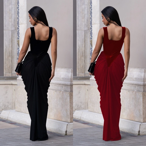 Vestido Largo Elegante de Patchwork de Terciopelo para Mujer Cuello en U Sin Mangas Fruncido Ajustado Vestido de Noche Fiesta