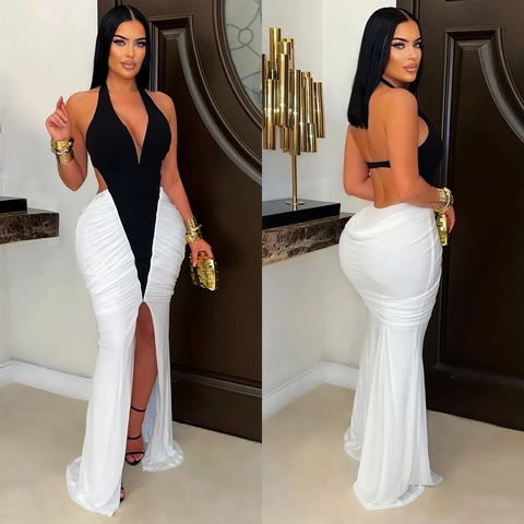 Damen Sexy Halfter Tiefer V-Ausschnitt Rückenecht Geraffte Maxi Kleid Kontrast Schwarz Weiß Seitenschlitz Bodycon Party Abendkleid