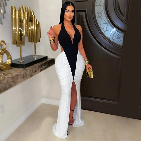 Damen Sexy Halfter Tiefer V-Ausschnitt Rückenecht Geraffte Maxi Kleid Kontrast Schwarz Weiß Seitenschlitz Bodycon Party Abendkleid