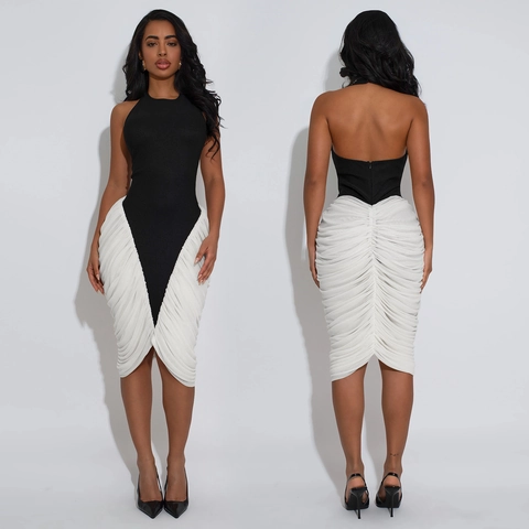 Γυναικείο Halter Εξώπλατο Bodycon Midi Φόρεμα Μαύρο Άσπρο Patchwork Πλισέ Αμάνικο Κομψό Βραδινό Πάρτι Sexy