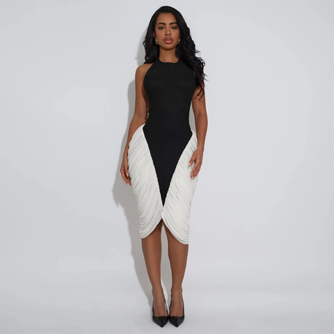 Γυναικείο Halter Εξώπλατο Bodycon Midi Φόρεμα Μαύρο Άσπρο Patchwork Πλισέ Αμάνικο Κομψό Βραδινό Πάρτι Sexy