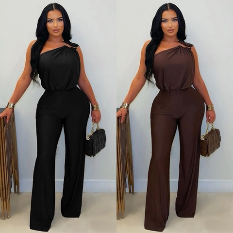 Women One Shoulder Wide Leg Jumpsuit Sexy Ruched Sleeveless High Waist Long Pant Romper Elegant Fashion Clubwear Jumpsuit
