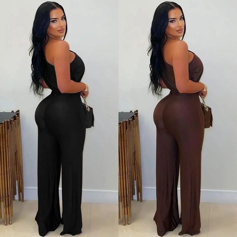 Women One Shoulder Wide Leg Jumpsuit Sexy Ruched Sleeveless High Waist Long Pant Romper Elegant Fashion Clubwear Jumpsuit