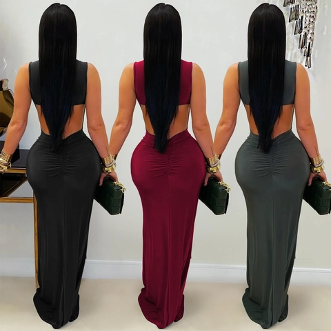 Women's Backless Maxi Dress Elegant Ruched Waist With Gold Buckle Sleeveless Bodycon Evening Party Long Dress