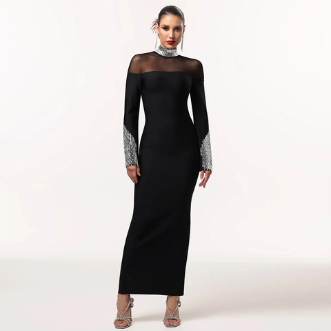 Elegante Abito Maxi a Collo Alto Manica Lunga Donna Patchwork in Rete con Strass Slim Fit Sexy Festa Serale Formale Nero