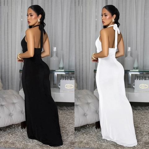 Elegant Halter Neck Deep V Backless Maxi Dress For Women Sexy Slim Fit Bodycon Evening Party Long Dress With Gold Beads