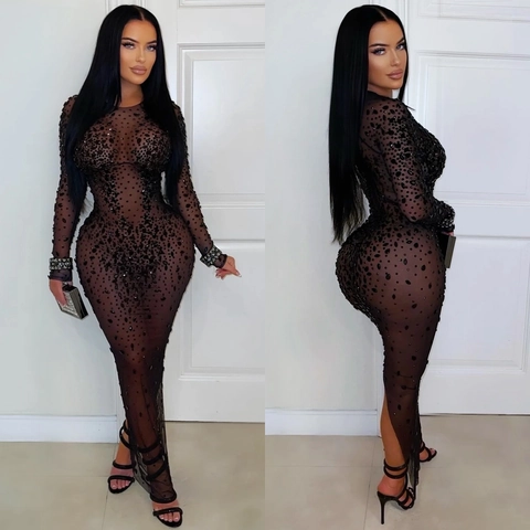 Women Sexy See Through Mesh Bodycon Maxi Dress Pullover Long Sleeve Rhinestone Party Evening Gown Pullover Long Dress Black