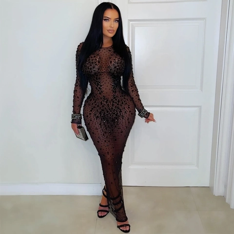 Women Sexy See Through Mesh Bodycon Maxi Dress Pullover Long Sleeve Rhinestone Party Evening Gown Pullover Long Dress Black