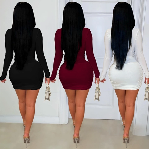 Abito da Donna Sexy con Scollo a V Profondo Aderente Mini Abito Manica Lunga Poliestere Arricciato per Party e Nightclub con Fibbia a Serpente Oro