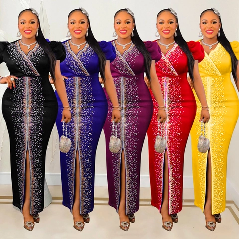 Donna Elegante Strass Manica a Sbuffo Maxi Vestito Sexy Scollo a V Alto Spacco Slim Fit Banchetto Sera Festa Matrimonio Vestito